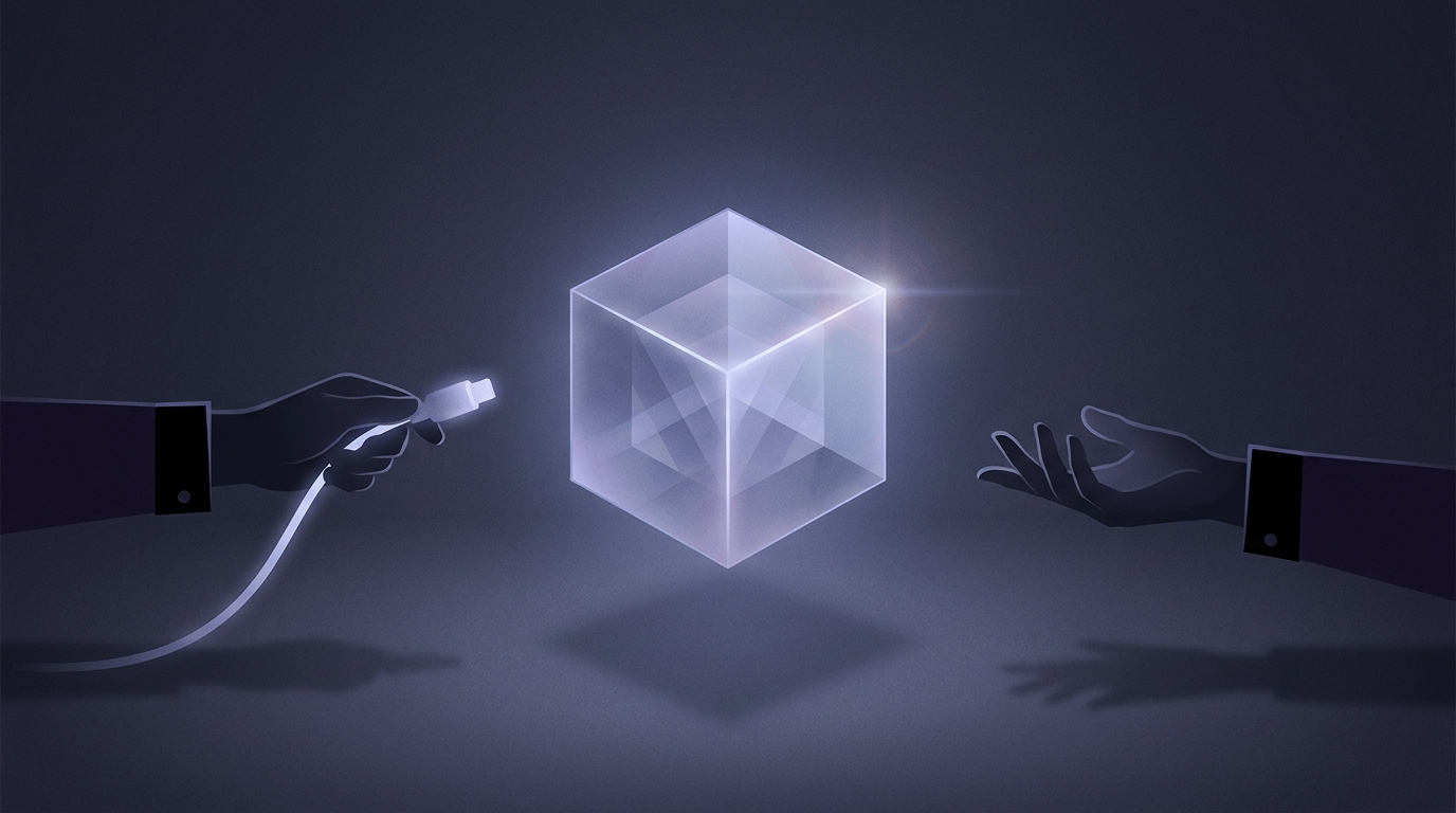 Two anonymous hands reaching toward a single glowing module, one near the connector, one in a cautioning gesture