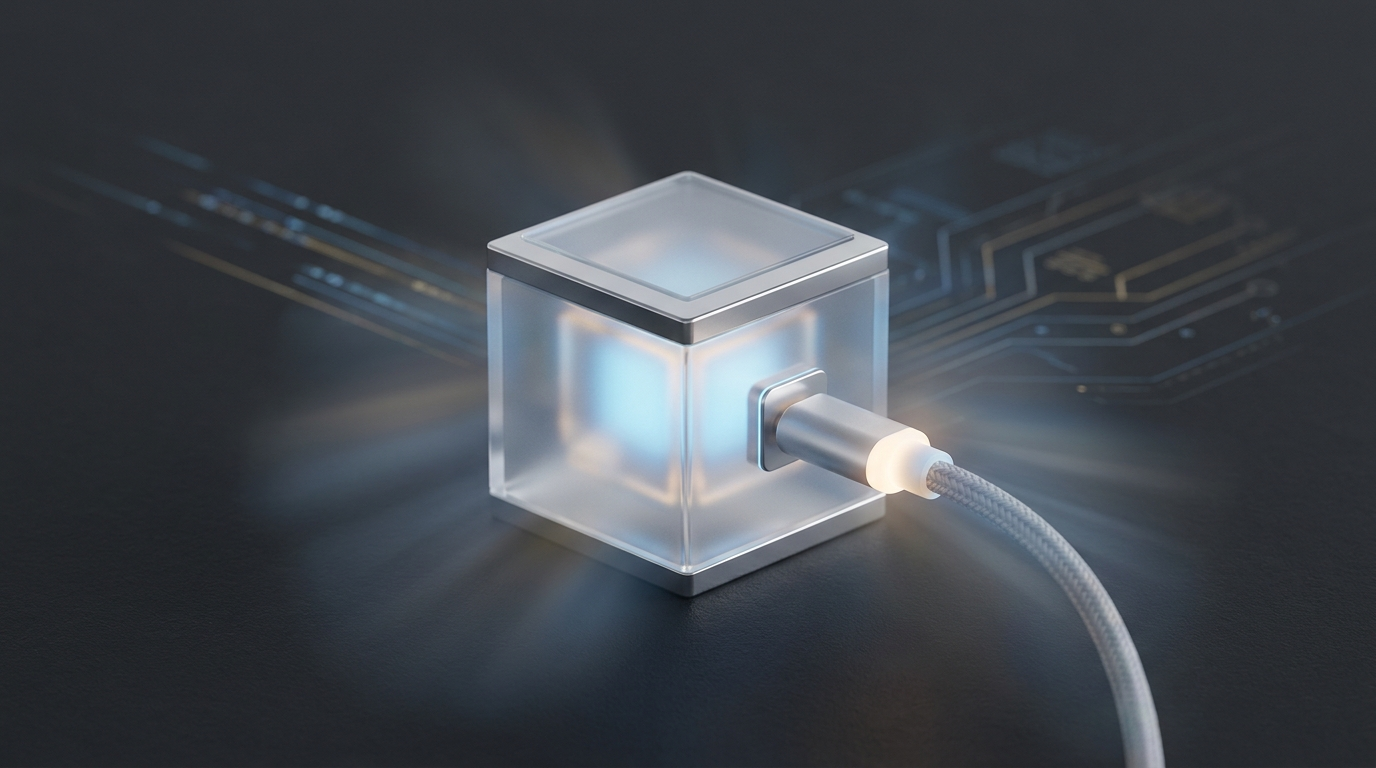 A previously dark AI compute module beginning to glow warm again as its cable reconnects