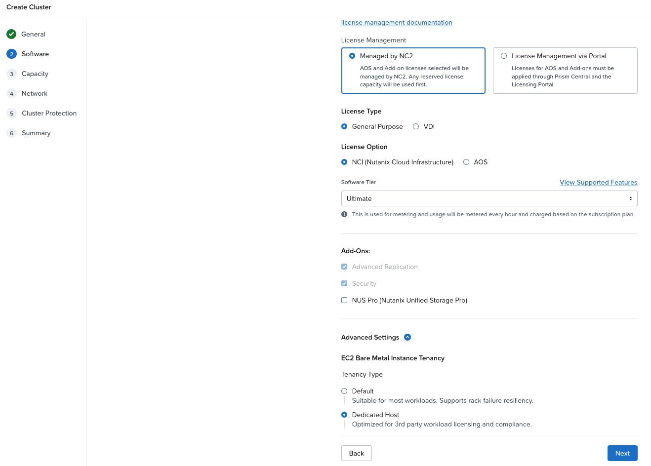 NC2 Create Cluster wizard, Software step, with EC2 Bare Metal Instance Tenancy set to Dedicated Host