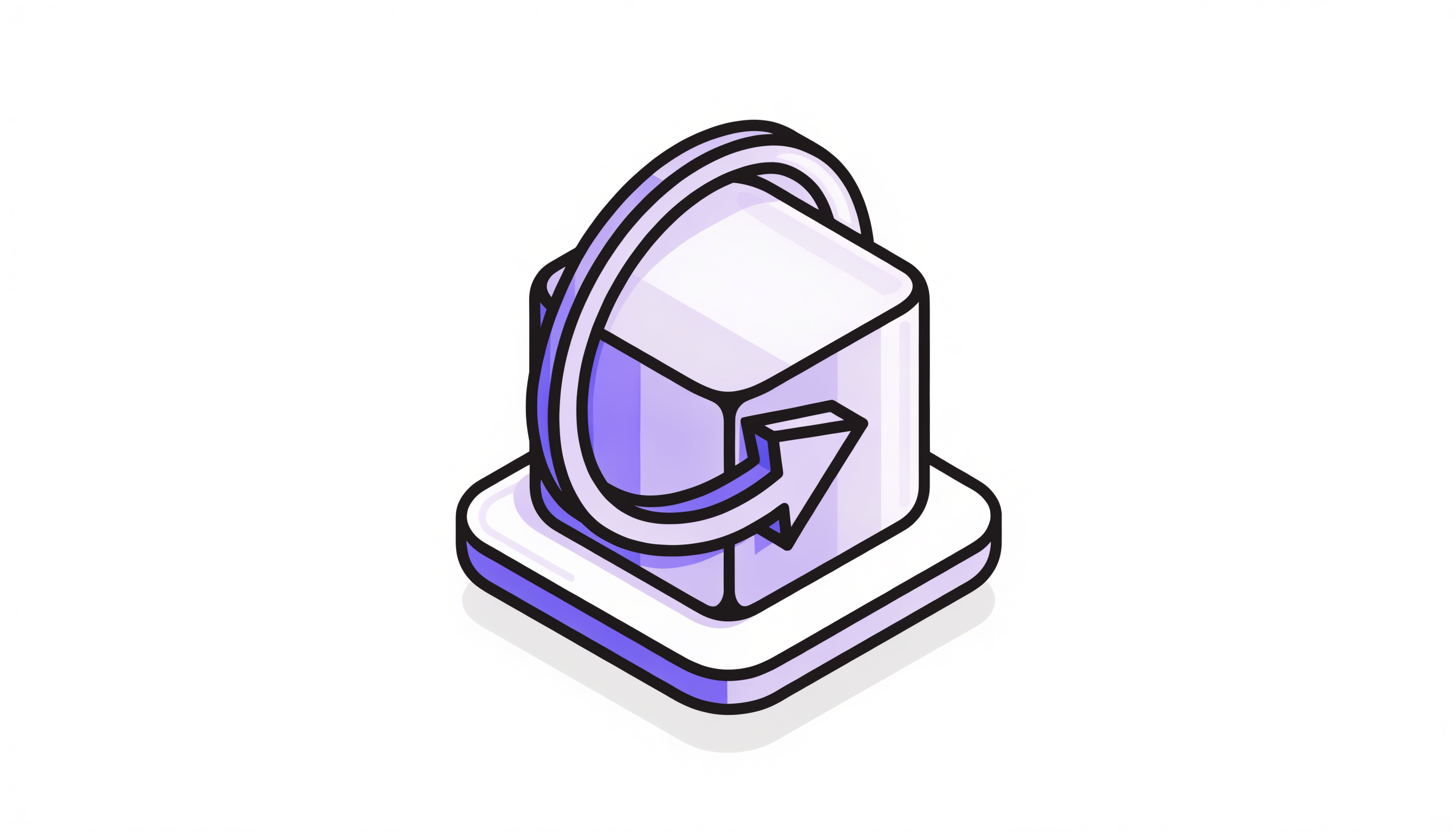 Isometric illustration: a violet cube on a slab encircled by a bold rewind arrow, showing snapshot rollback.