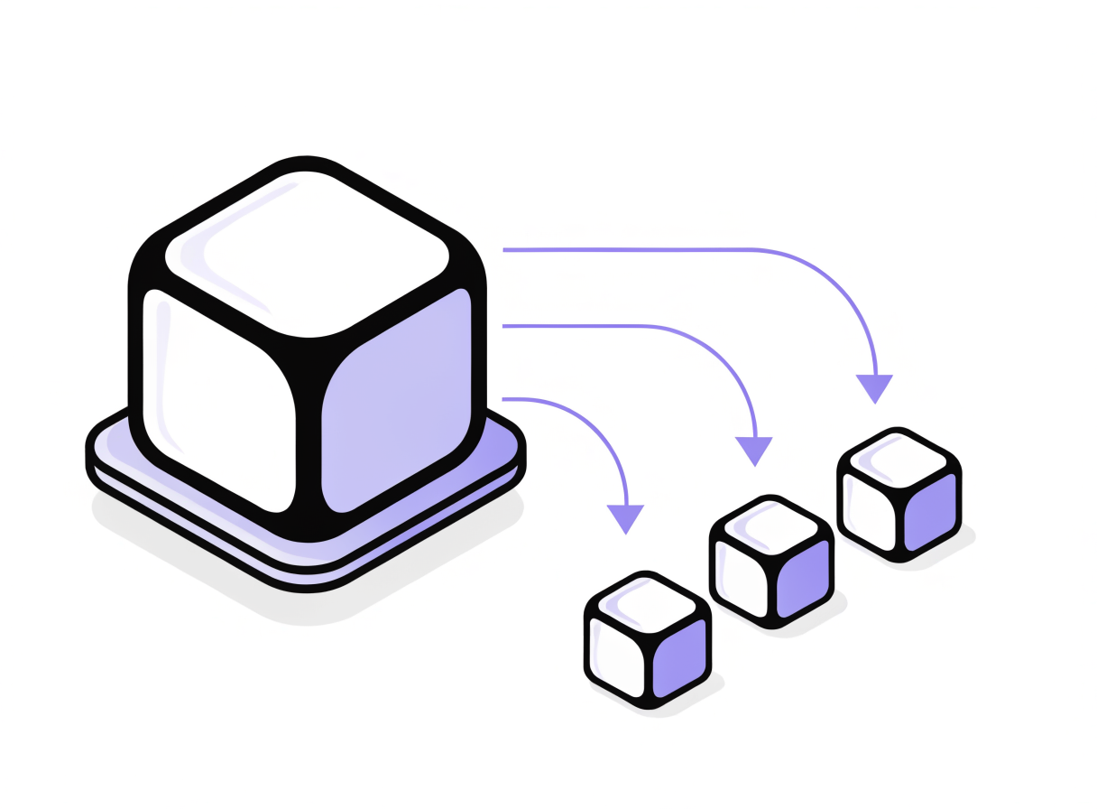 Isometric illustration: one large violet master cube cloning into three smaller cubes, showing self-service provisioning.