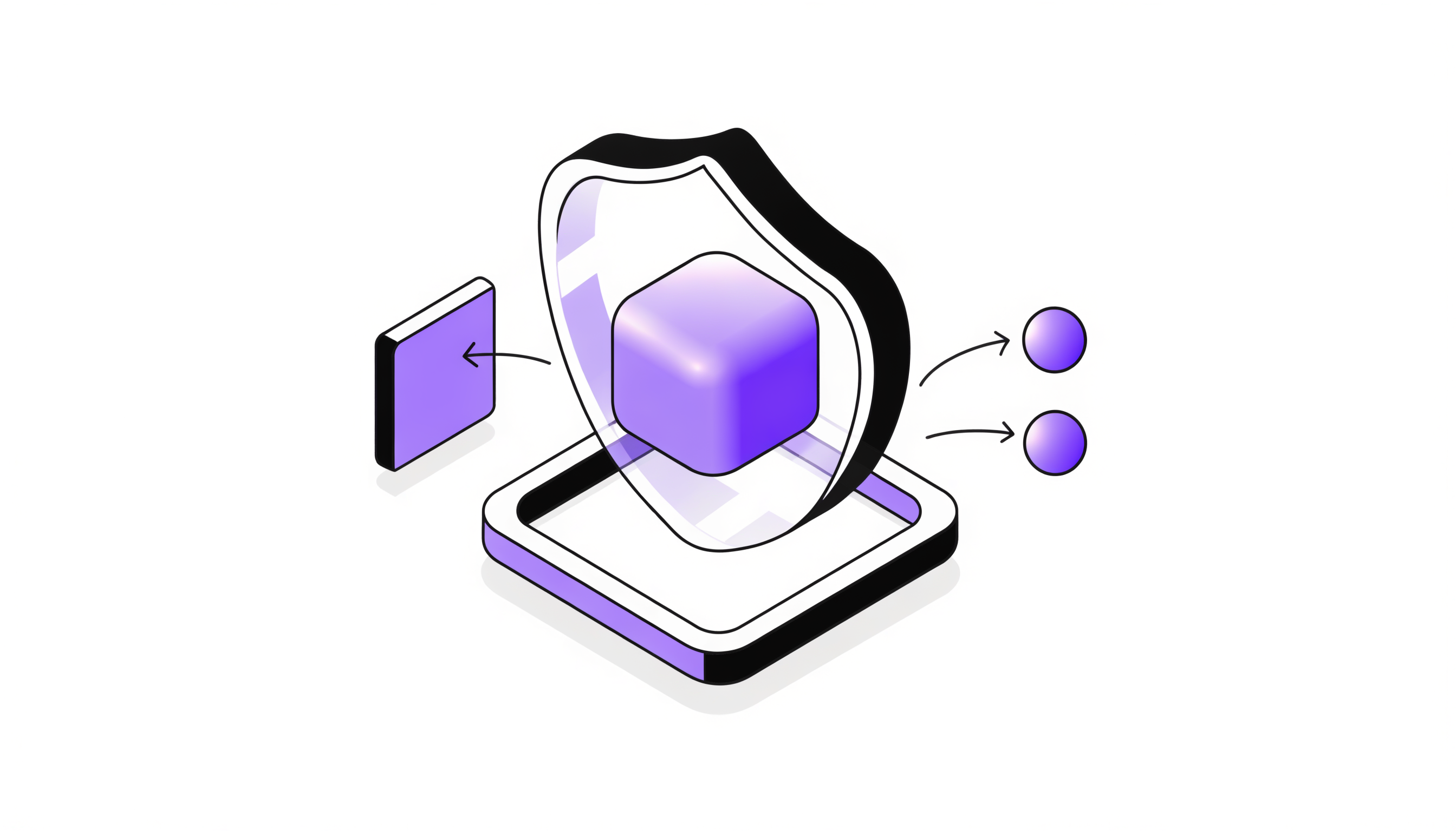 Isometric illustration: a violet cube inside a glass shield on a slab, with connections allowed out to two nodes and one path blocked, showing microsegmentation.