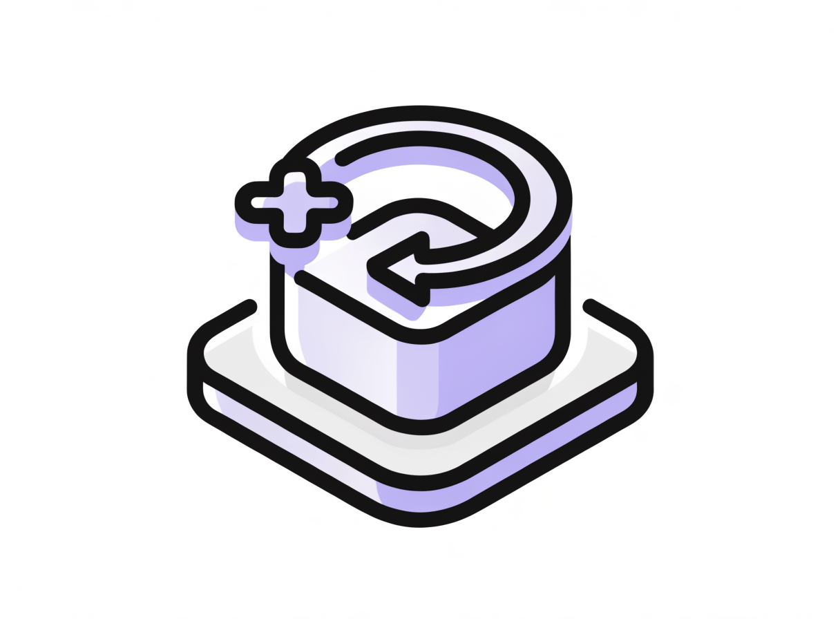 Isometric illustration: a violet cube on a slab with a refresh arrow and a patch badge, showing automated patching.